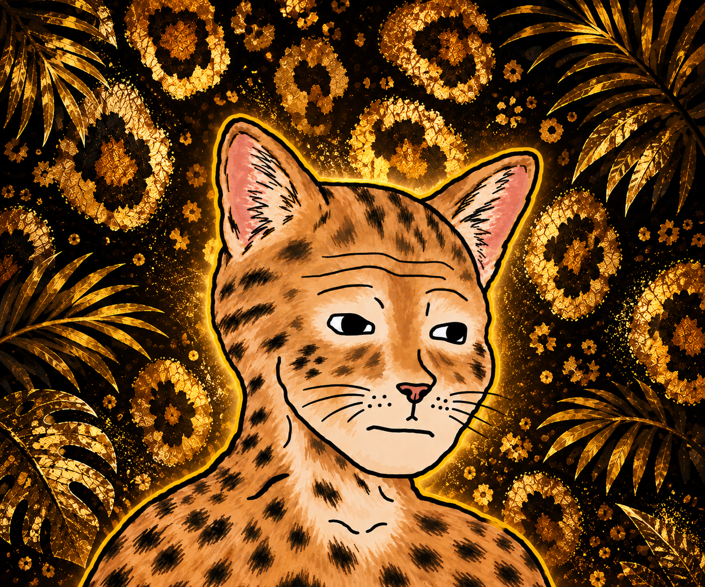 Leopardus Tilcayo WOJAK fully framed in a luminous black and gold leopard jungle